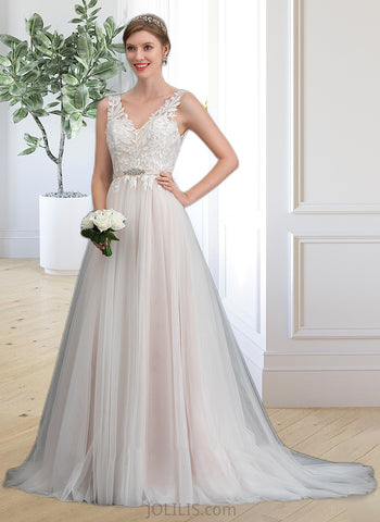 Sara A-Line V-neck Court Train Tulle Wedding Dress With Beading UKP0013958