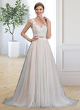 Sara A-Line V-neck Court Train Tulle Wedding Dress With Beading UKP0013958