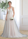 Sara A-Line V-neck Court Train Tulle Wedding Dress With Beading UKP0013958