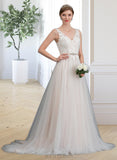 Sara A-Line V-neck Court Train Tulle Wedding Dress With Beading UKP0013958