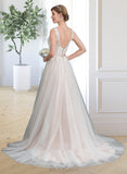 Sara A-Line V-neck Court Train Tulle Wedding Dress With Beading UKP0013958