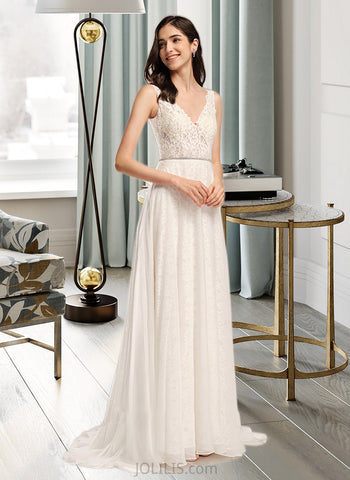 Christina A-Line V-neck Sweep Train Wedding Dress With Beading UKP0013959