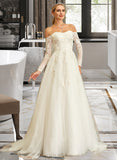 Cadence Ball-Gown/Princess Off-the-Shoulder Sweep Train Tulle Lace Wedding Dress With Lace UKP0013961