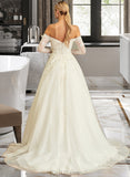 Cadence Ball-Gown/Princess Off-the-Shoulder Sweep Train Tulle Lace Wedding Dress With Lace UKP0013961