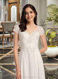 London A-Line V-neck Asymmetrical Wedding Dress With Lace UKP0013962