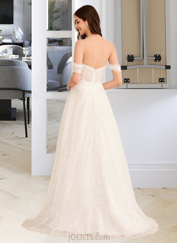 Olivia A-Line Off-the-Shoulder Sweep Train Wedding Dress With Sequins UKP0013963