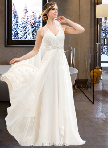 Reyna A-Line V-neck Sweep Train Chiffon Wedding Dress With Beading Sequins Cascading Ruffles UKP0013968