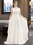 Reyna A-Line V-neck Sweep Train Chiffon Wedding Dress With Beading Sequins Cascading Ruffles UKP0013968