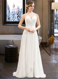 Reyna A-Line V-neck Sweep Train Chiffon Wedding Dress With Beading Sequins Cascading Ruffles UKP0013968