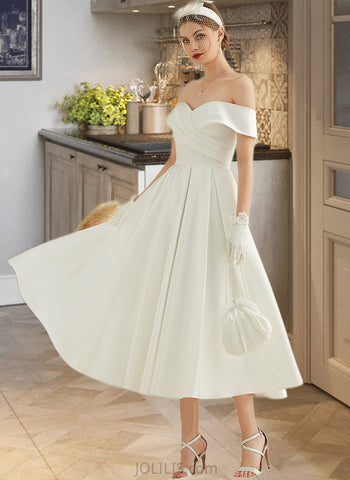 Patience A-Line Tea-Length Satin Wedding Dress With Pockets UKP0013973