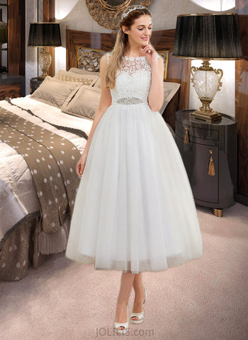 Stella Ball-Gown/Princess Scoop Neck Tea-Length Tulle Wedding Dress With Beading Sequins UKP0013976