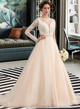 Jayla Ball-Gown/Princess Scoop Neck Chapel Train Tulle Wedding Dress With Beading UKP0013977