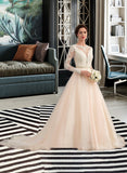 Jayla Ball-Gown/Princess Scoop Neck Chapel Train Tulle Wedding Dress With Beading UKP0013977