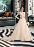 Jayla Ball-Gown/Princess Scoop Neck Chapel Train Tulle Wedding Dress With Beading UKP0013977