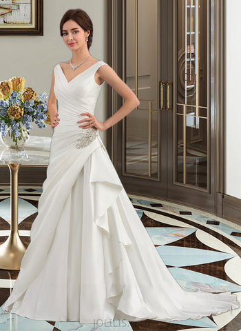 Ruby A-Line V-neck Court Train Satin Wedding Dress With Beading UKP0013980