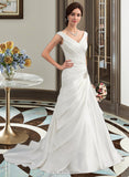 Ruby A-Line V-neck Court Train Satin Wedding Dress With Beading UKP0013980