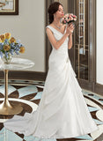 Ruby A-Line V-neck Court Train Satin Wedding Dress With Beading UKP0013980