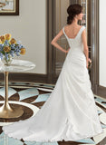 Ruby A-Line V-neck Court Train Satin Wedding Dress With Beading UKP0013980