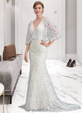 Myah Trumpet/Mermaid V-neck Sweep Train Lace Wedding Dress With Beading Sequins UKP0013982