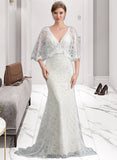 Myah Trumpet/Mermaid V-neck Sweep Train Lace Wedding Dress With Beading Sequins UKP0013982