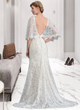 Myah Trumpet/Mermaid V-neck Sweep Train Lace Wedding Dress With Beading Sequins UKP0013982