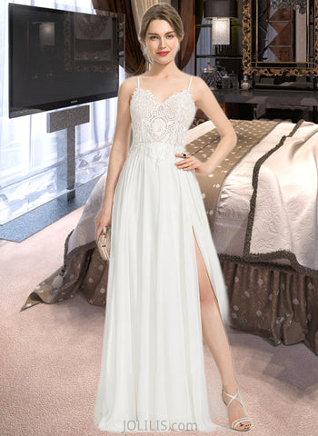 Sadie A-Line V-neck Sweep Train Chiffon Wedding Dress With Split Front UKP0013983