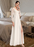 Millie A-Line V-neck Floor-Length Wedding Dress With Split Front UKP0013987