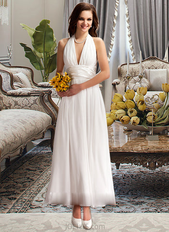 Chanel A-Line Halter Ankle-Length Chiffon Wedding Dress With Ruffle Bow(s) UKP0013988