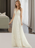 Nia A-Line V-neck Sweep Train Chiffon Lace Wedding Dress With Sequins UKP0013990