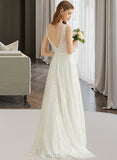 Nia A-Line V-neck Sweep Train Chiffon Lace Wedding Dress With Sequins UKP0013990