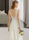 Nia A-Line V-neck Sweep Train Chiffon Lace Wedding Dress With Sequins UKP0013990