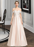 Adeline Ball-Gown/Princess Off-the-Shoulder Floor-Length Satin Wedding Dress With Sequins UKP0013997