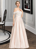 Adeline Ball-Gown/Princess Off-the-Shoulder Floor-Length Satin Wedding Dress With Sequins UKP0013997