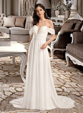 America A-Line Off-the-Shoulder Court Train Wedding Dress With Pleated UKP0013998