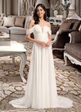 America A-Line Off-the-Shoulder Court Train Wedding Dress With Pleated UKP0013998