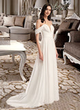 America A-Line Off-the-Shoulder Court Train Wedding Dress With Pleated UKP0013998