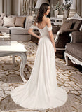 America A-Line Off-the-Shoulder Court Train Wedding Dress With Pleated UKP0013998