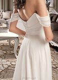 America A-Line Off-the-Shoulder Court Train Wedding Dress With Pleated UKP0013998