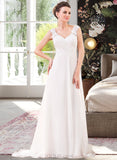 Rose A-Line V-neck Sweep Train Chiffon Wedding Dress With Lace Beading Sequins UKP0013999