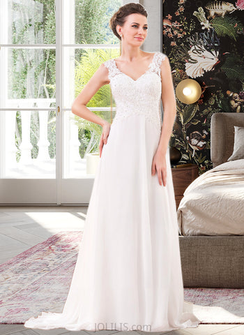 Rose A-Line V-neck Sweep Train Chiffon Wedding Dress With Lace Beading Sequins UKP0013999