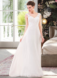 Rose A-Line V-neck Sweep Train Chiffon Wedding Dress With Lace Beading Sequins UKP0013999