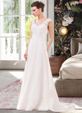 Rose A-Line V-neck Sweep Train Chiffon Wedding Dress With Lace Beading Sequins UKP0013999