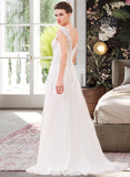 Rose A-Line V-neck Sweep Train Chiffon Wedding Dress With Lace Beading Sequins UKP0013999