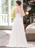 Rose A-Line V-neck Sweep Train Chiffon Wedding Dress With Lace Beading Sequins UKP0013999