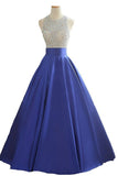 Open Back Scoop Beaded Bodice Prom Dresses A Line Satin