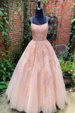 Lace Appliques Pink A LineTulle Long Prom Dresses With Straps