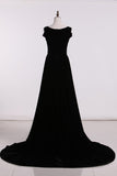 Velvet A Line V Neck Sweep Train Evening Dress