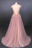 Elegant Pink V Neck Sleeveless Tulle Prom Dress with Appliques, A Line Tulle Evening Dresses SJS15191