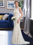 Cara Trumpet/Mermaid Scoop Neck Sweep Train Lace Wedding Dress UKP0014006