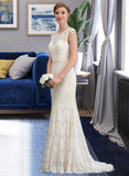 Cara Trumpet/Mermaid Scoop Neck Sweep Train Lace Wedding Dress UKP0014006